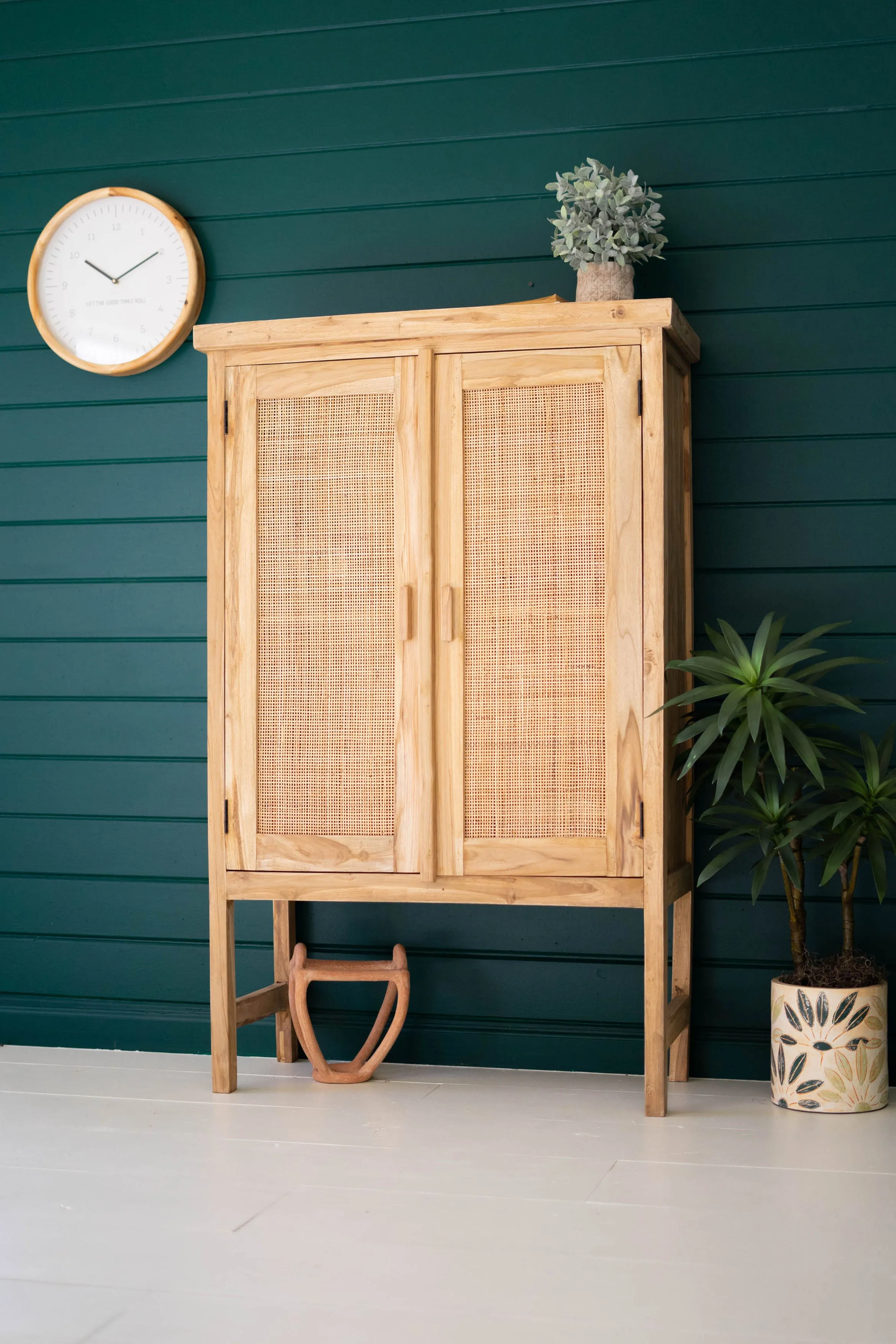 Large Two Door Wooden Cabinet With  Woven Cane Detail