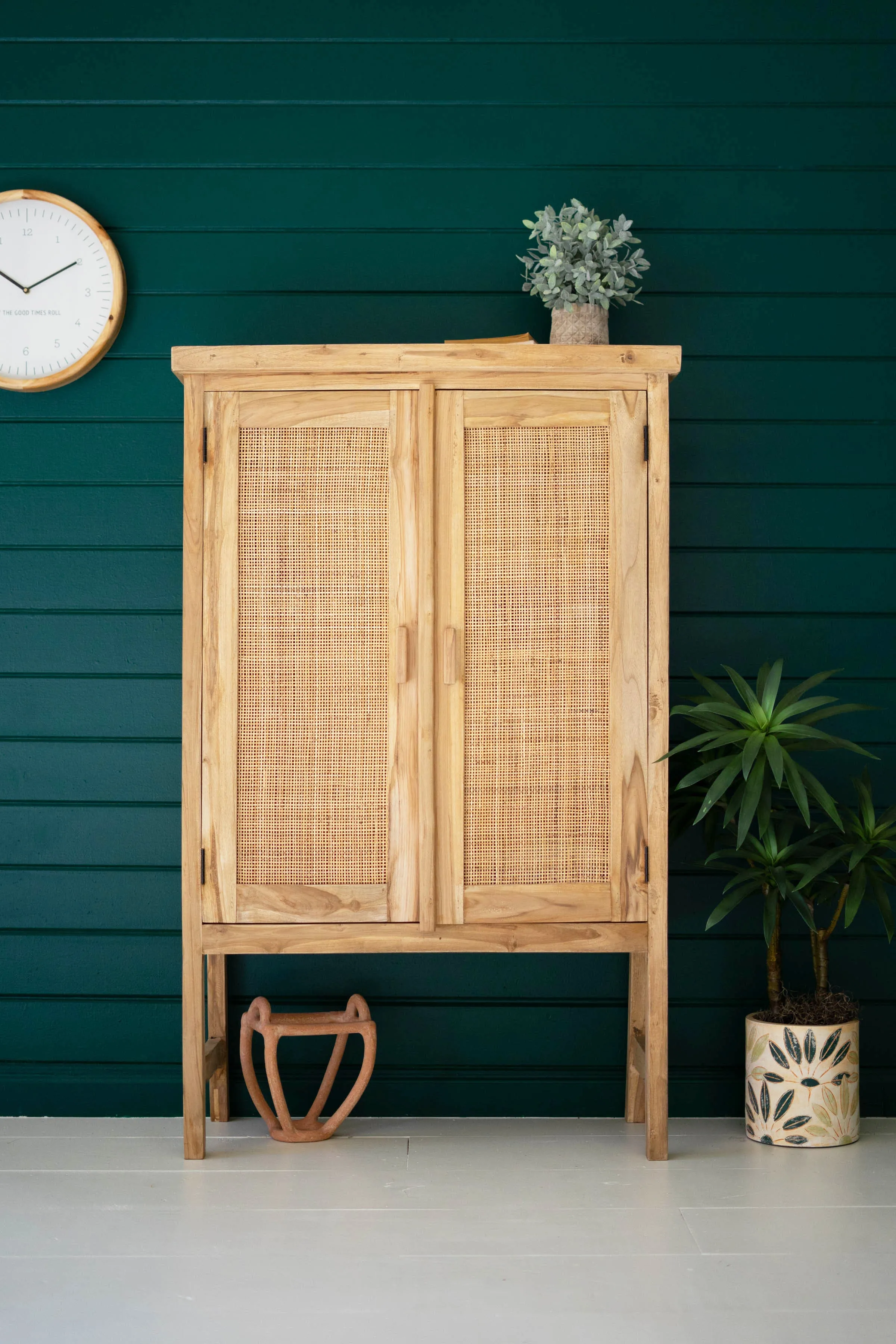 Large Two Door Wooden Cabinet With  Woven Cane Detail