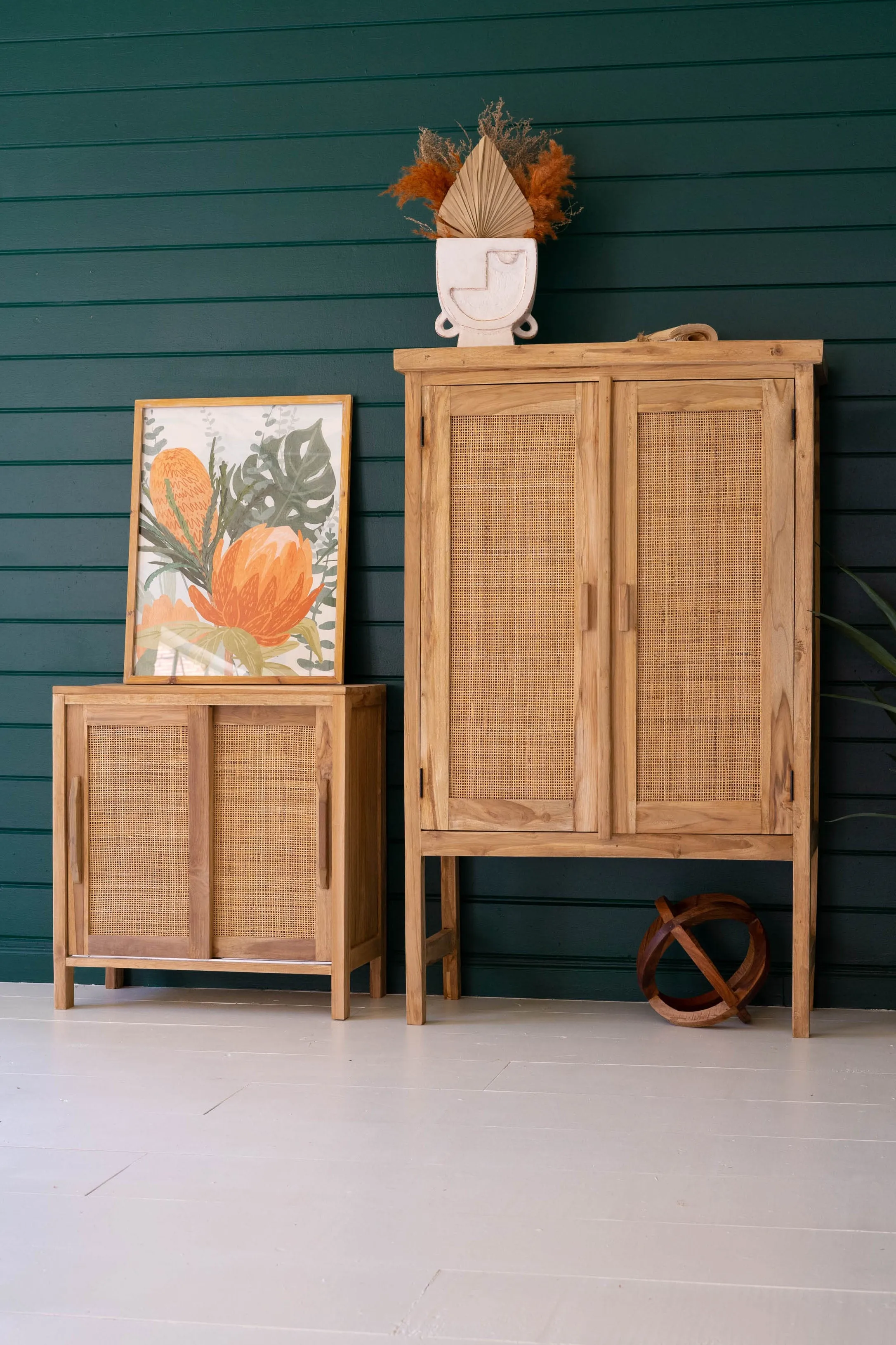 Large Two Door Wooden Cabinet With  Woven Cane Detail