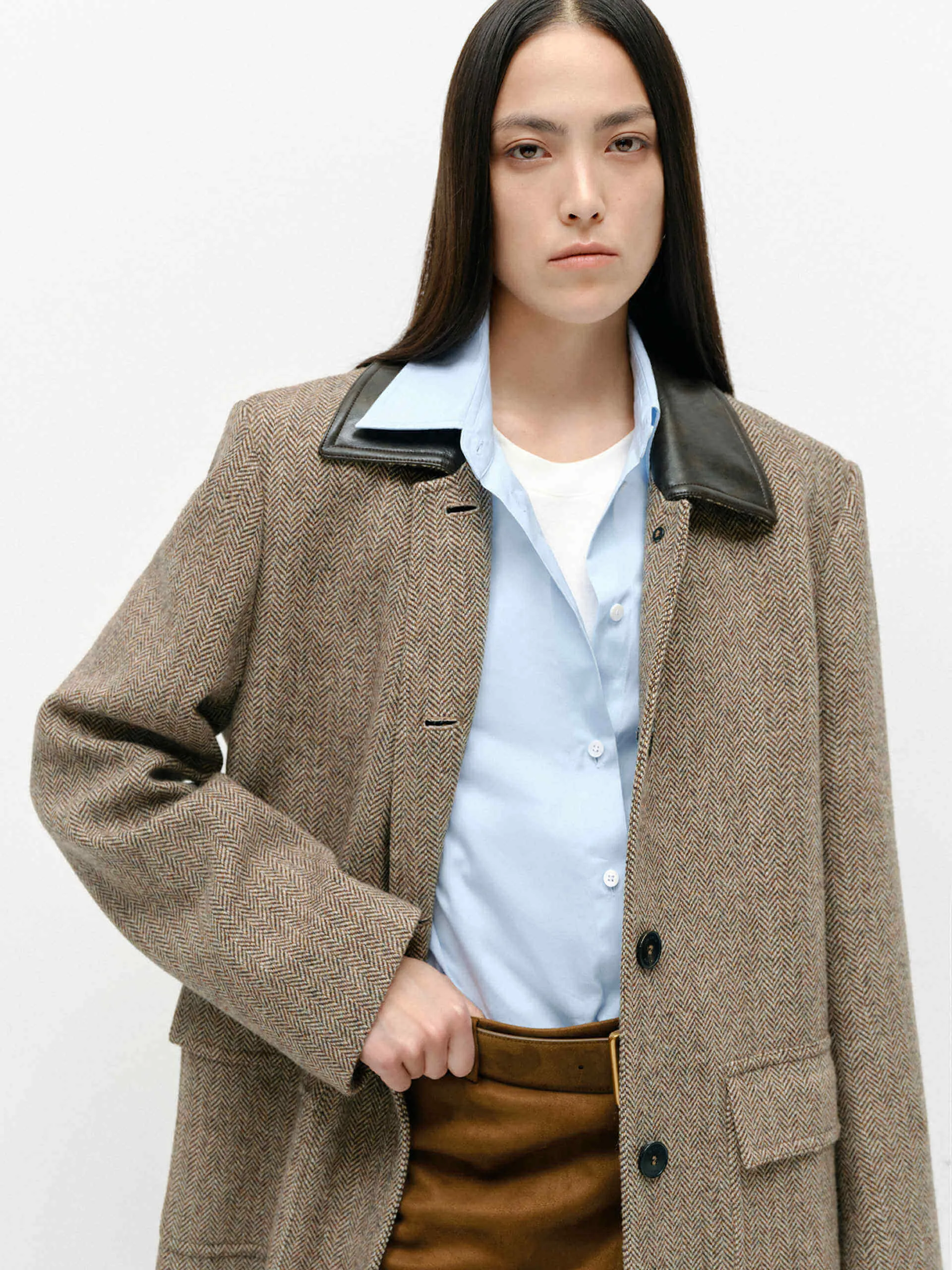 Leather Collar Wool Overcoat