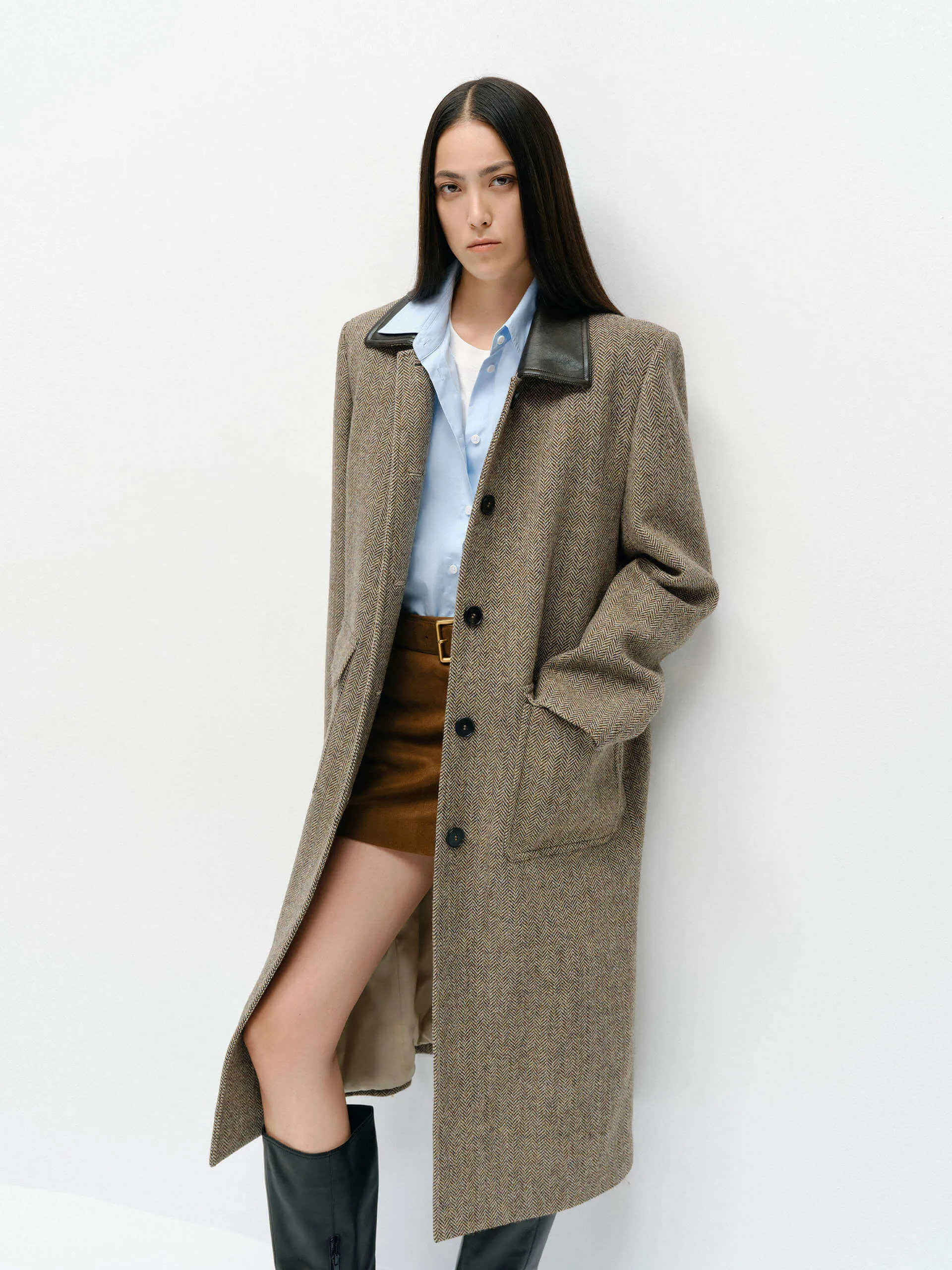 Leather Collar Wool Overcoat