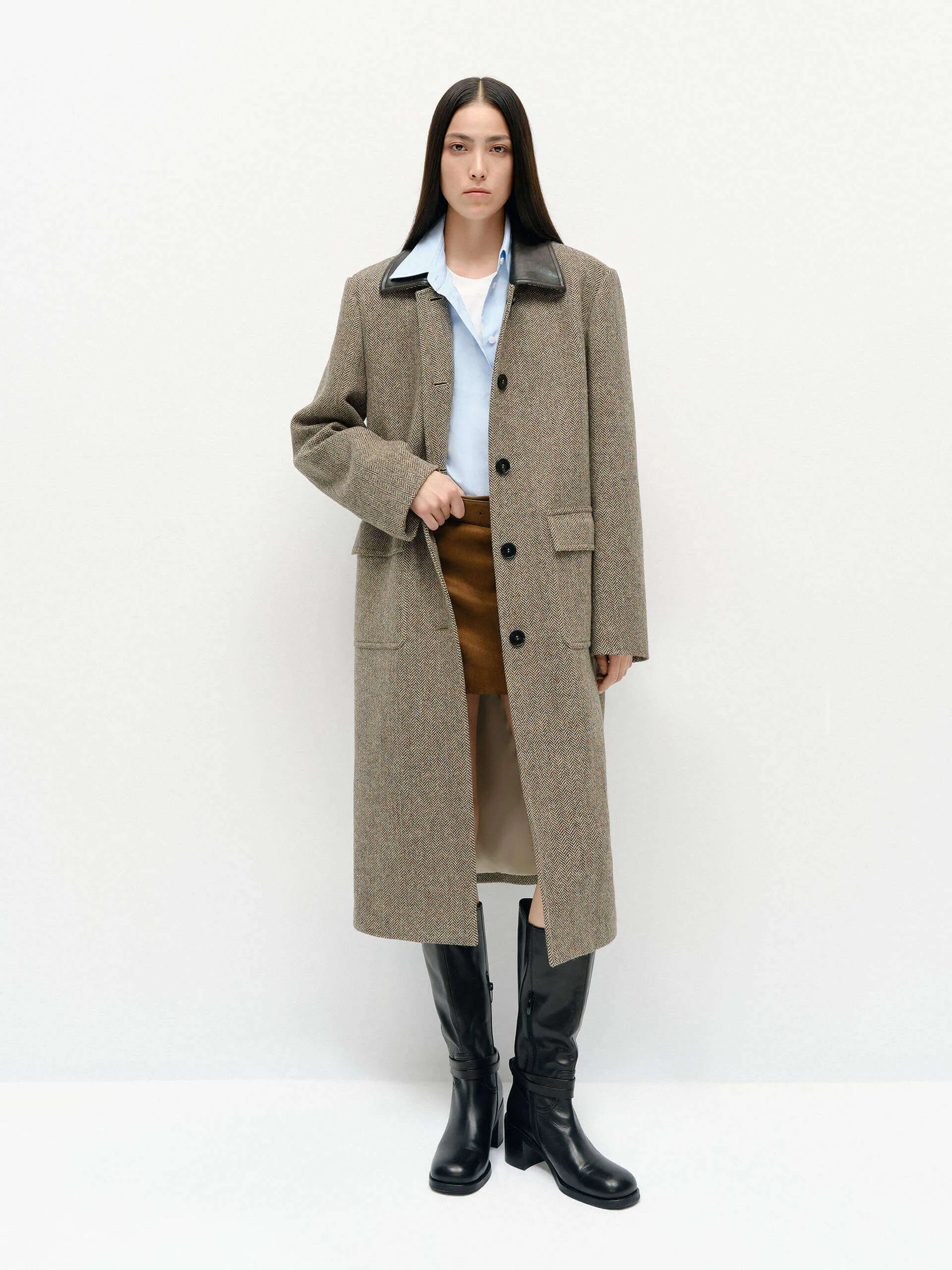 Leather Collar Wool Overcoat