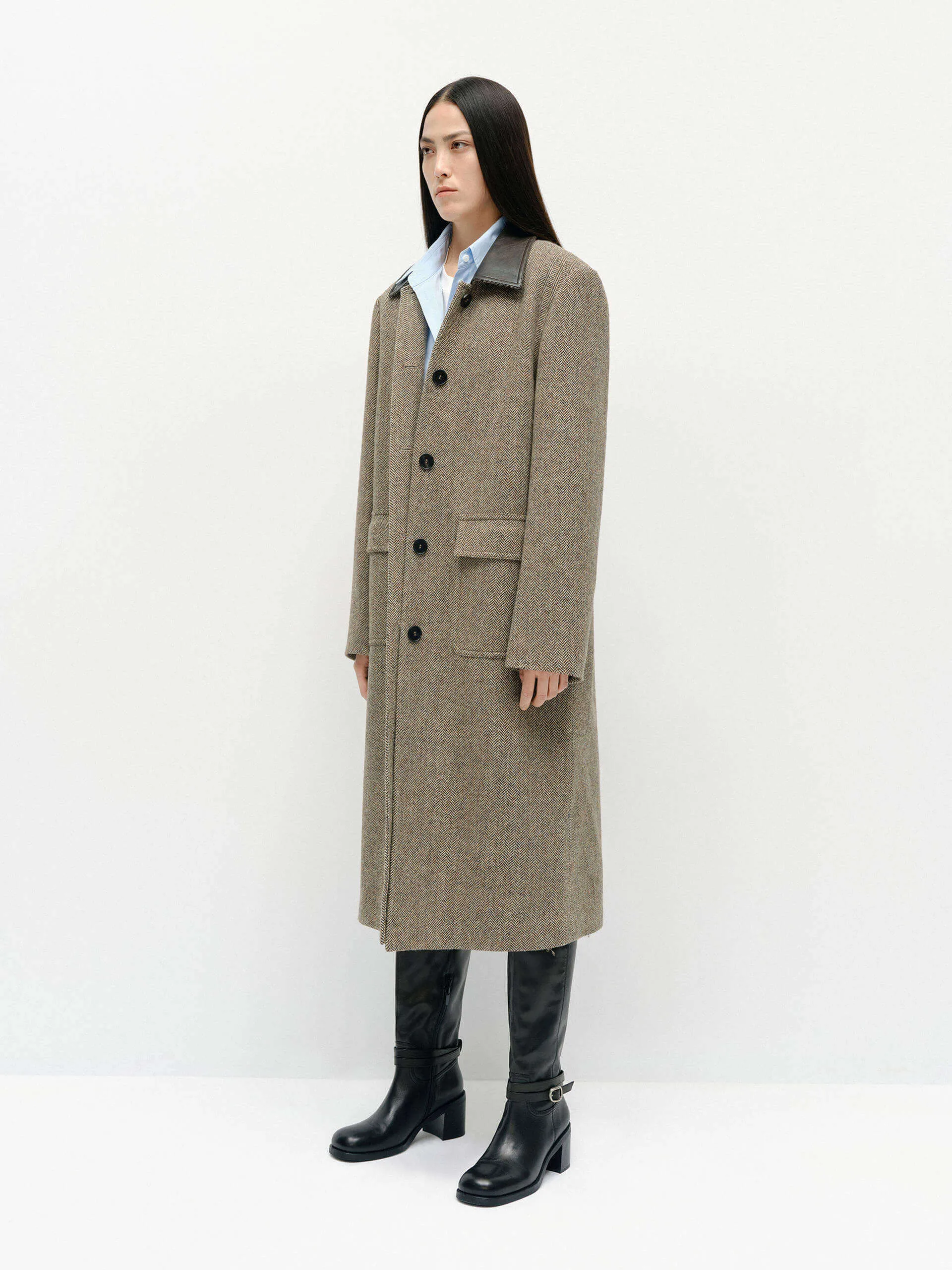 Leather Collar Wool Overcoat