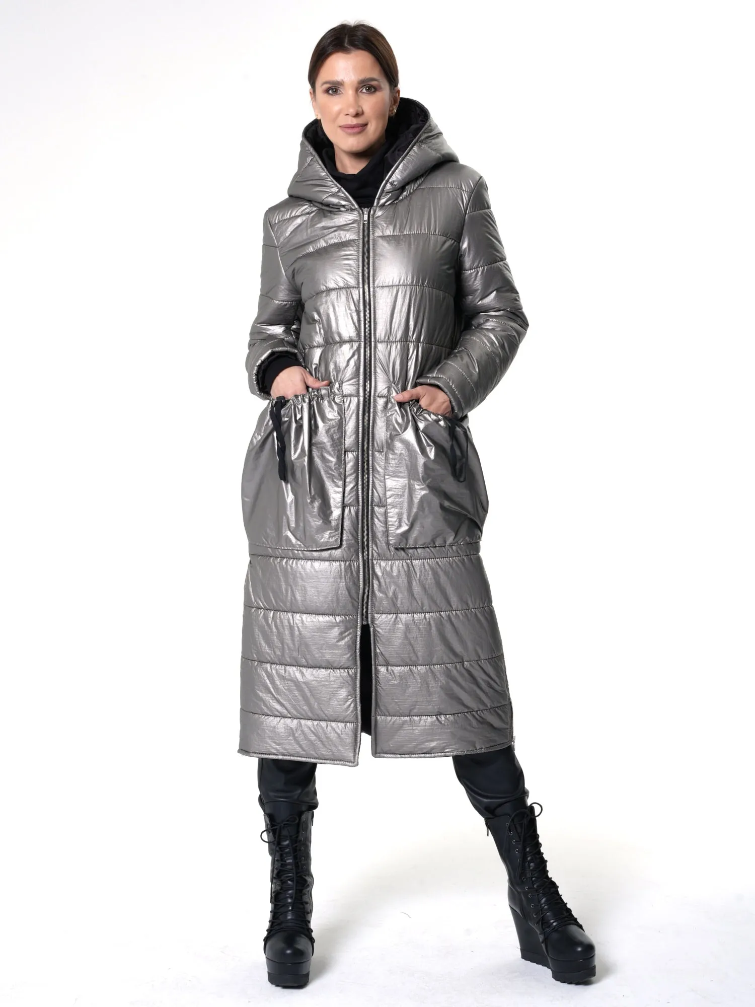 Long Black Puffer Jacket With Oversize Pockets