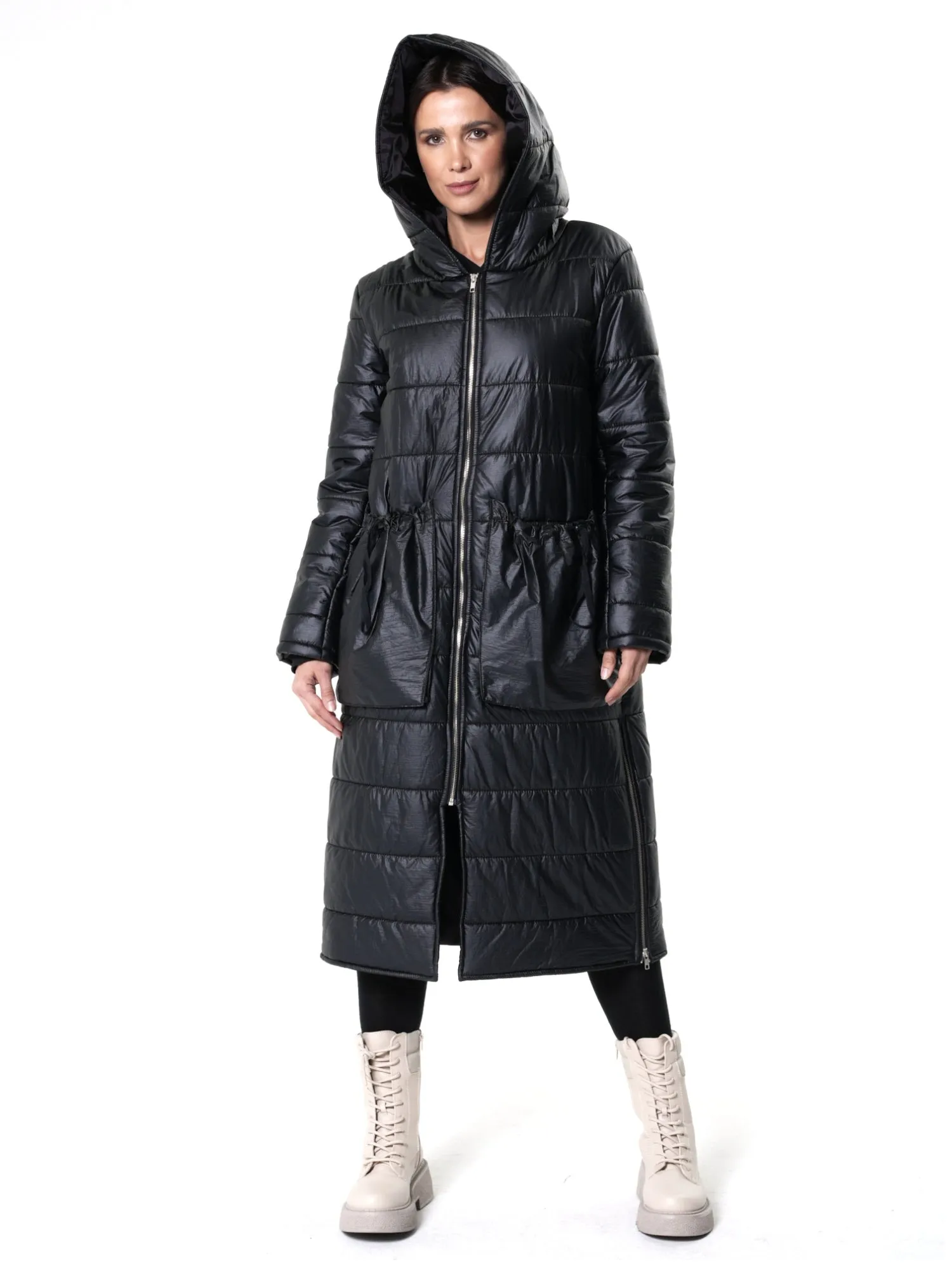 Long Black Puffer Jacket With Oversize Pockets