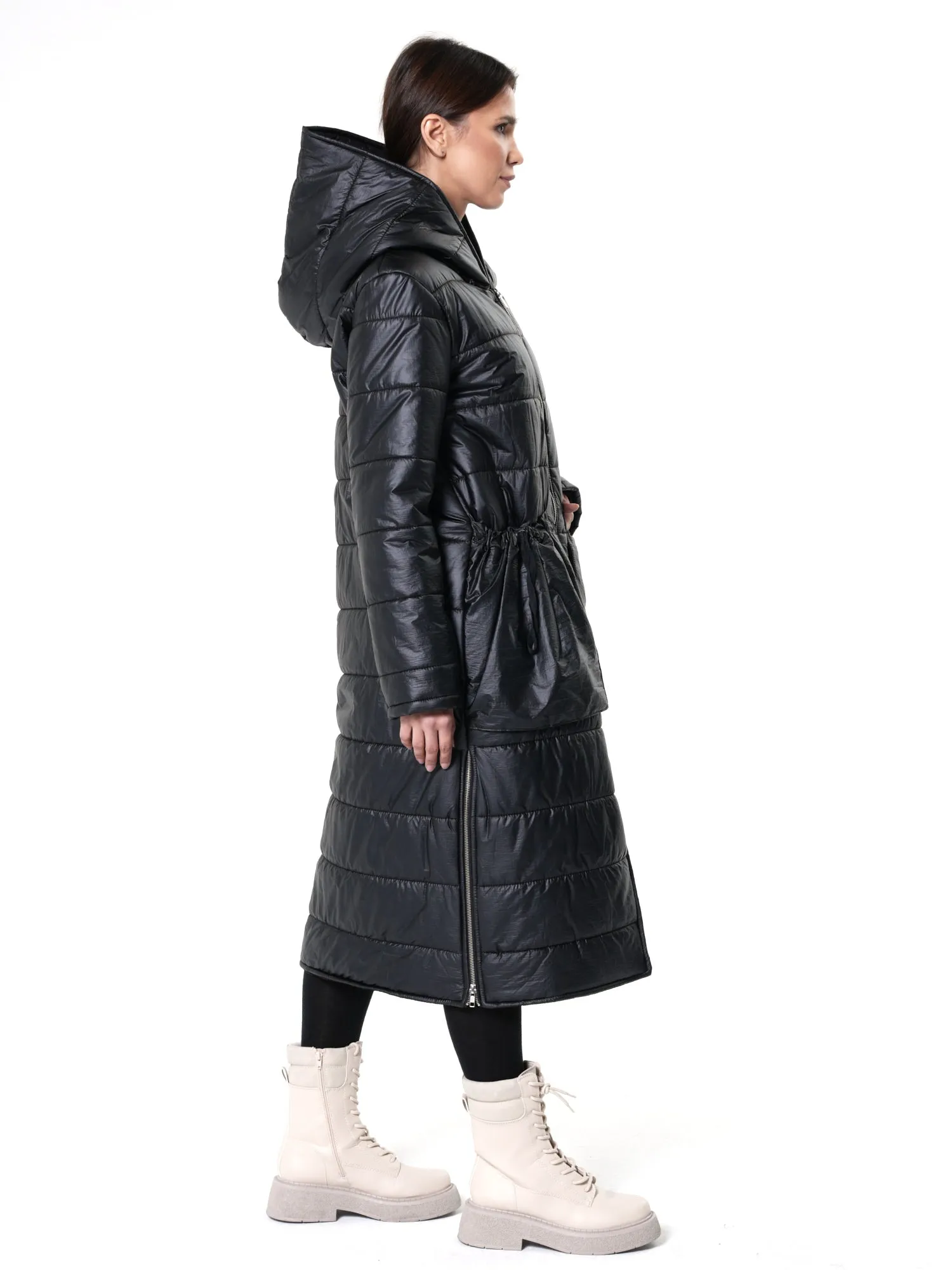 Long Black Puffer Jacket With Oversize Pockets