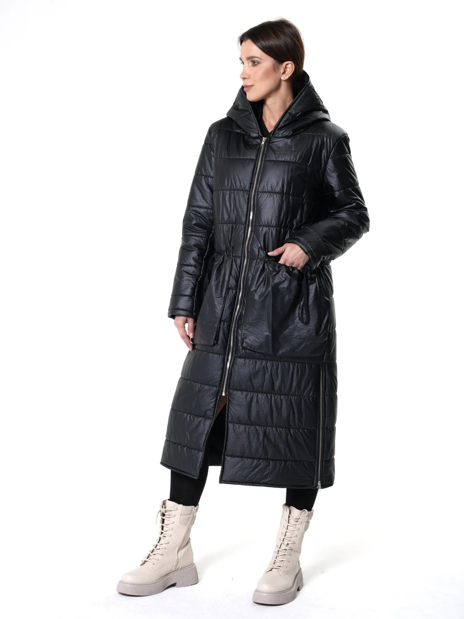 Long Black Puffer Jacket With Oversize Pockets