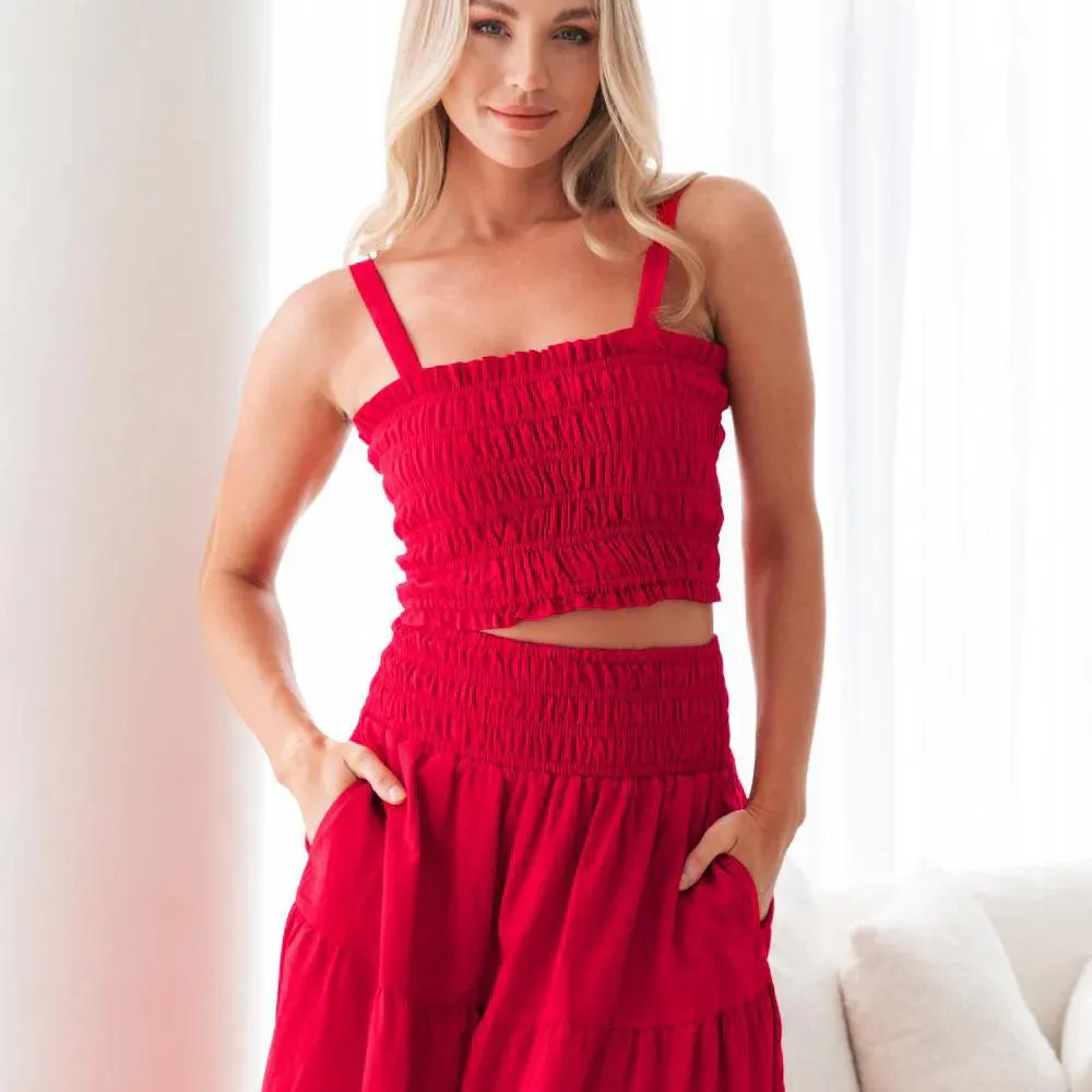 Long Red skirt with side pockets and Shirred Top with adjustable straps Set.