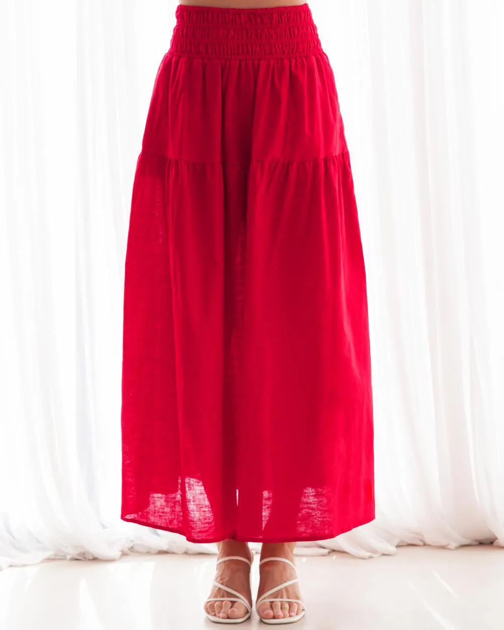 Long Red skirt with side pockets and Shirred Top with adjustable straps Set.