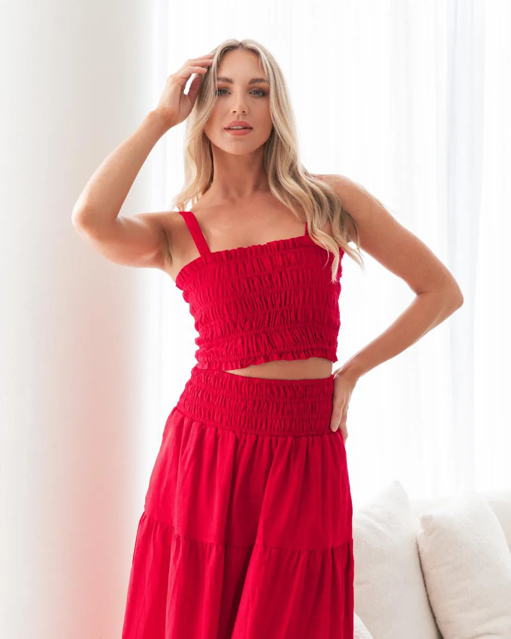 Long Red skirt with side pockets and Shirred Top with adjustable straps Set.