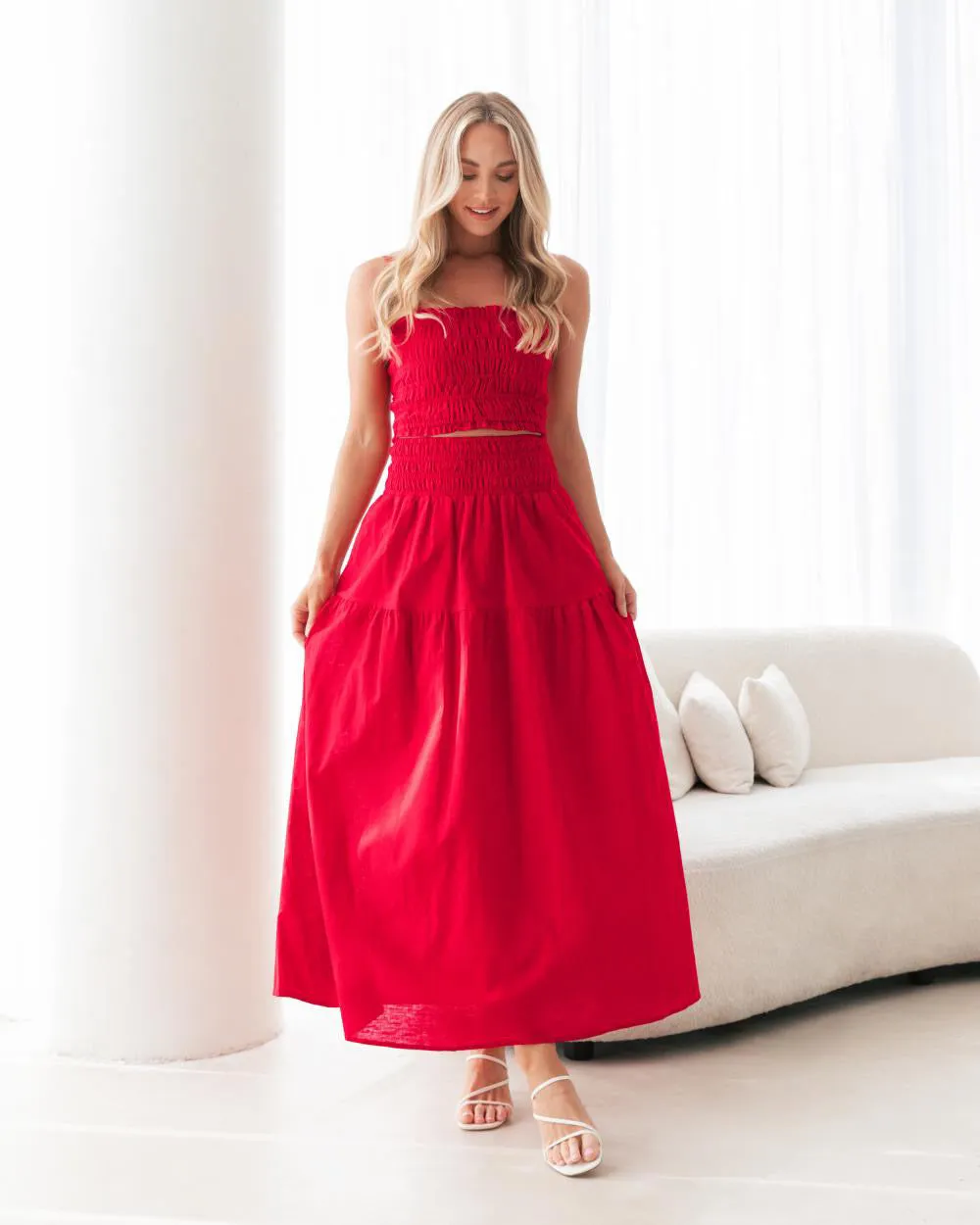 Long Red skirt with side pockets and Shirred Top with adjustable straps Set.