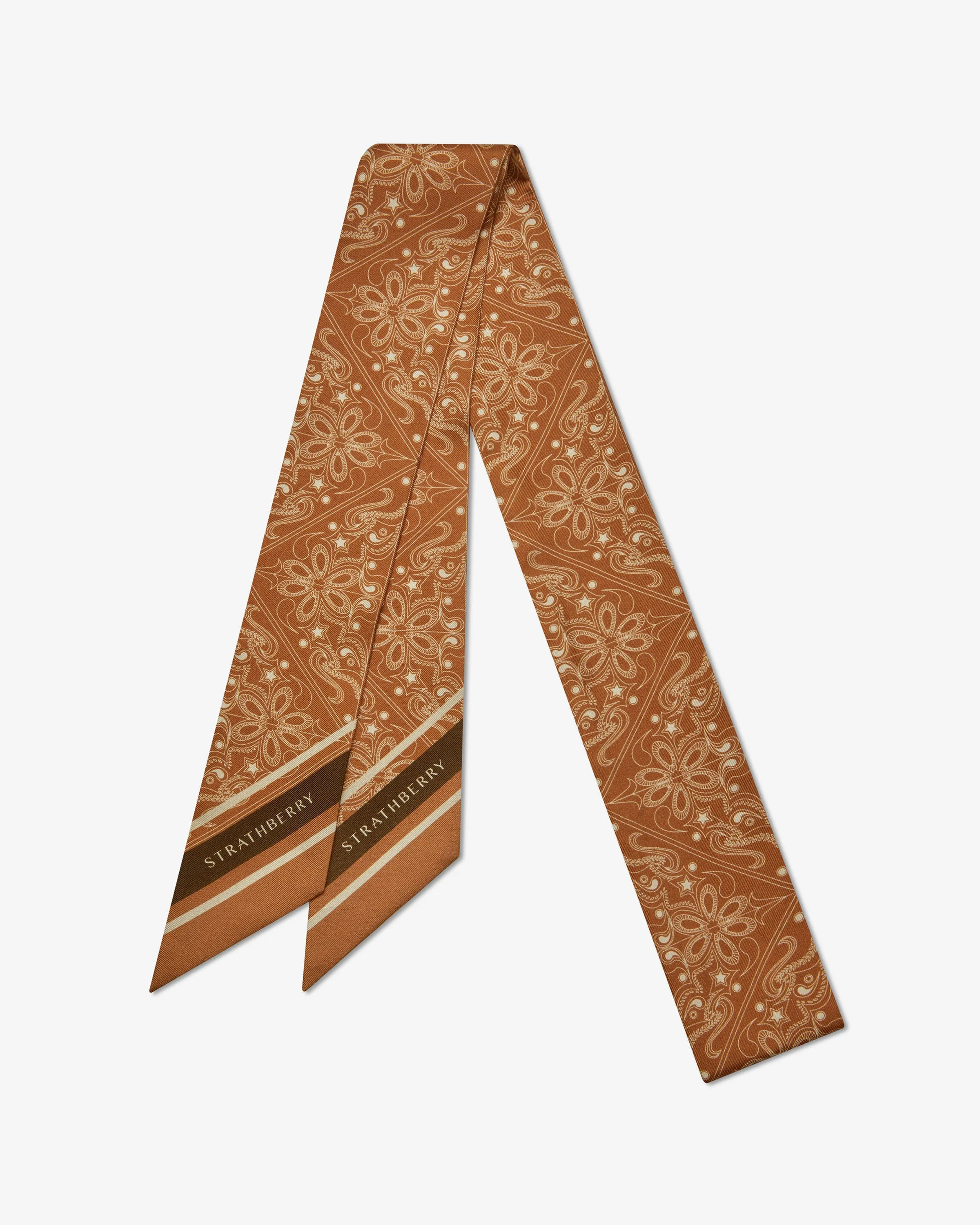 Long Silk Skinny Scarf - Chestnut/Vanilla Geometric Floral Print