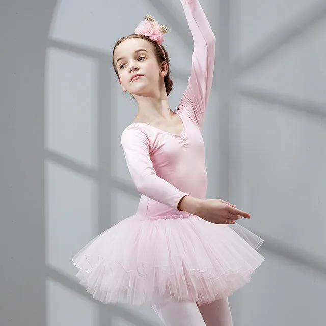 Long Sleeve Ballet Dance Dress for Young Girls, Cotton Tulle Leotard