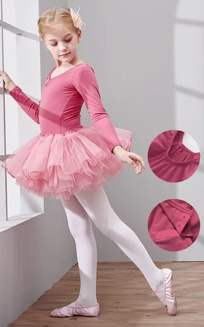 Long Sleeve Ballet Dance Dress for Young Girls, Cotton Tulle Leotard