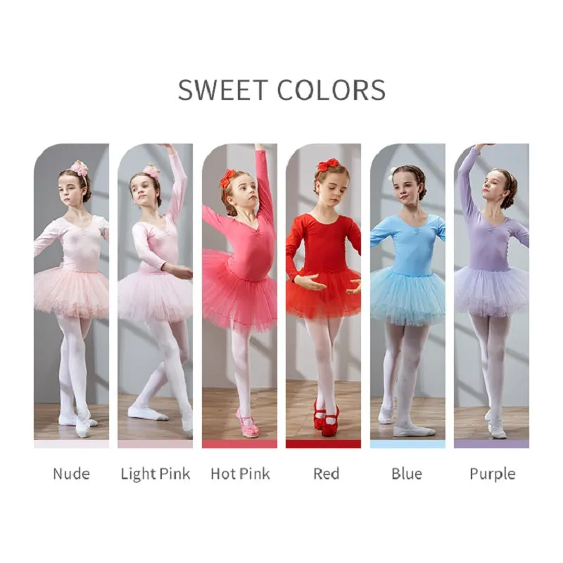 Long Sleeve Ballet Dance Dress for Young Girls, Cotton Tulle Leotard