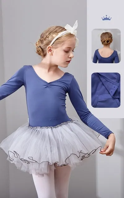 Long Sleeve Ballet Dance Dress for Young Girls, Cotton Tulle Leotard