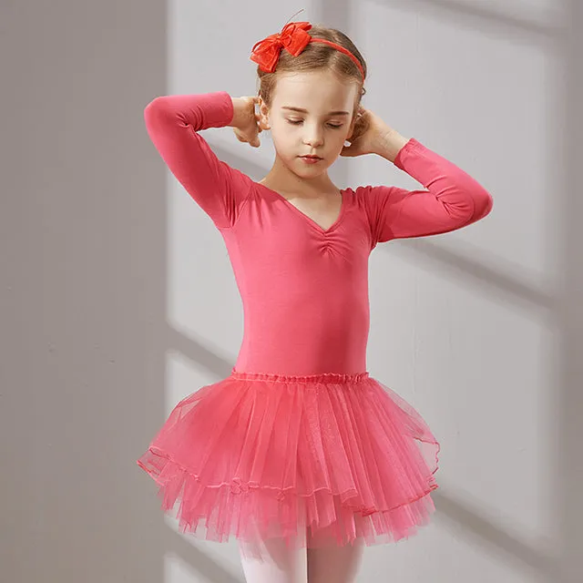 Long Sleeve Ballet Dance Dress for Young Girls, Cotton Tulle Leotard