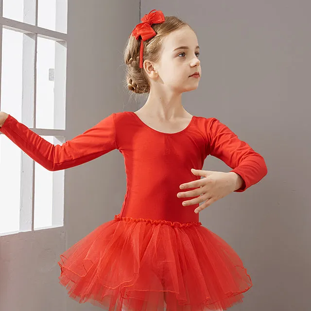 Long Sleeve Ballet Dance Dress for Young Girls, Cotton Tulle Leotard