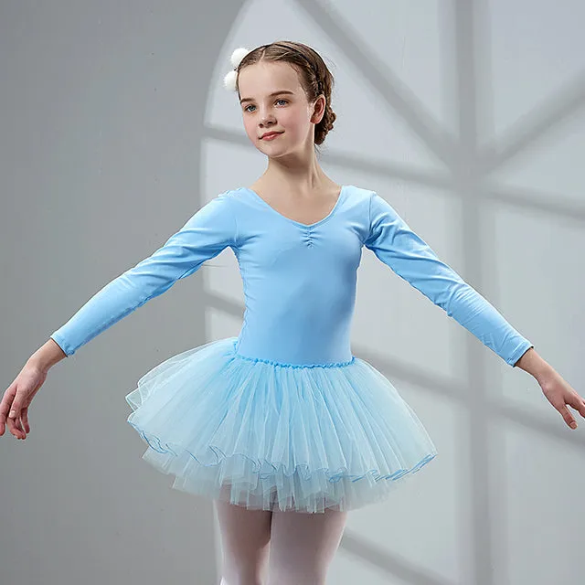 Long Sleeve Ballet Dance Dress for Young Girls, Cotton Tulle Leotard