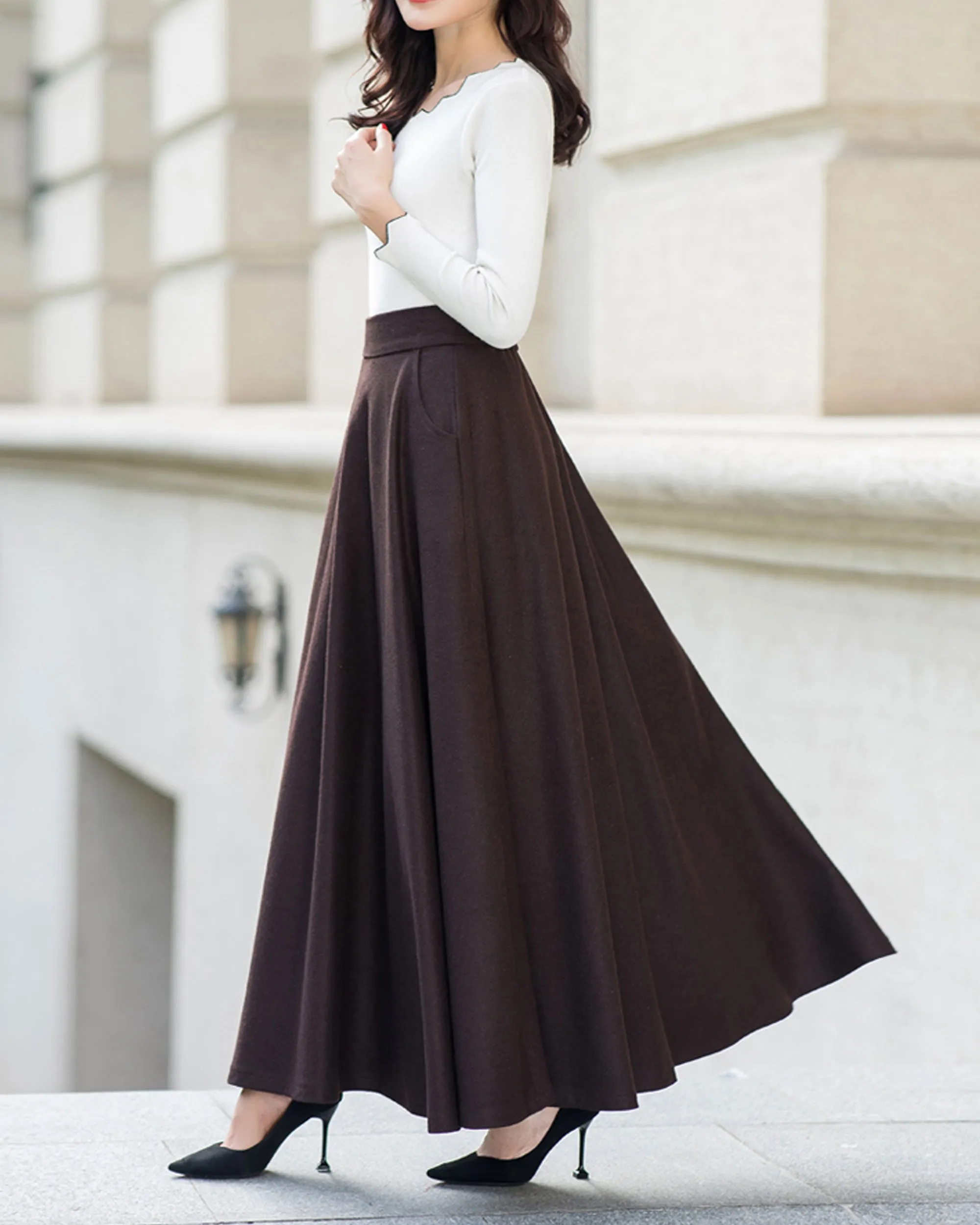 Long wool skirt, Elastic waist skirt, Maxi skirt, Wool skirt, Winter skirt, black skirt, vintage skirt, high waist skirt, wool maxi skirt Q0015