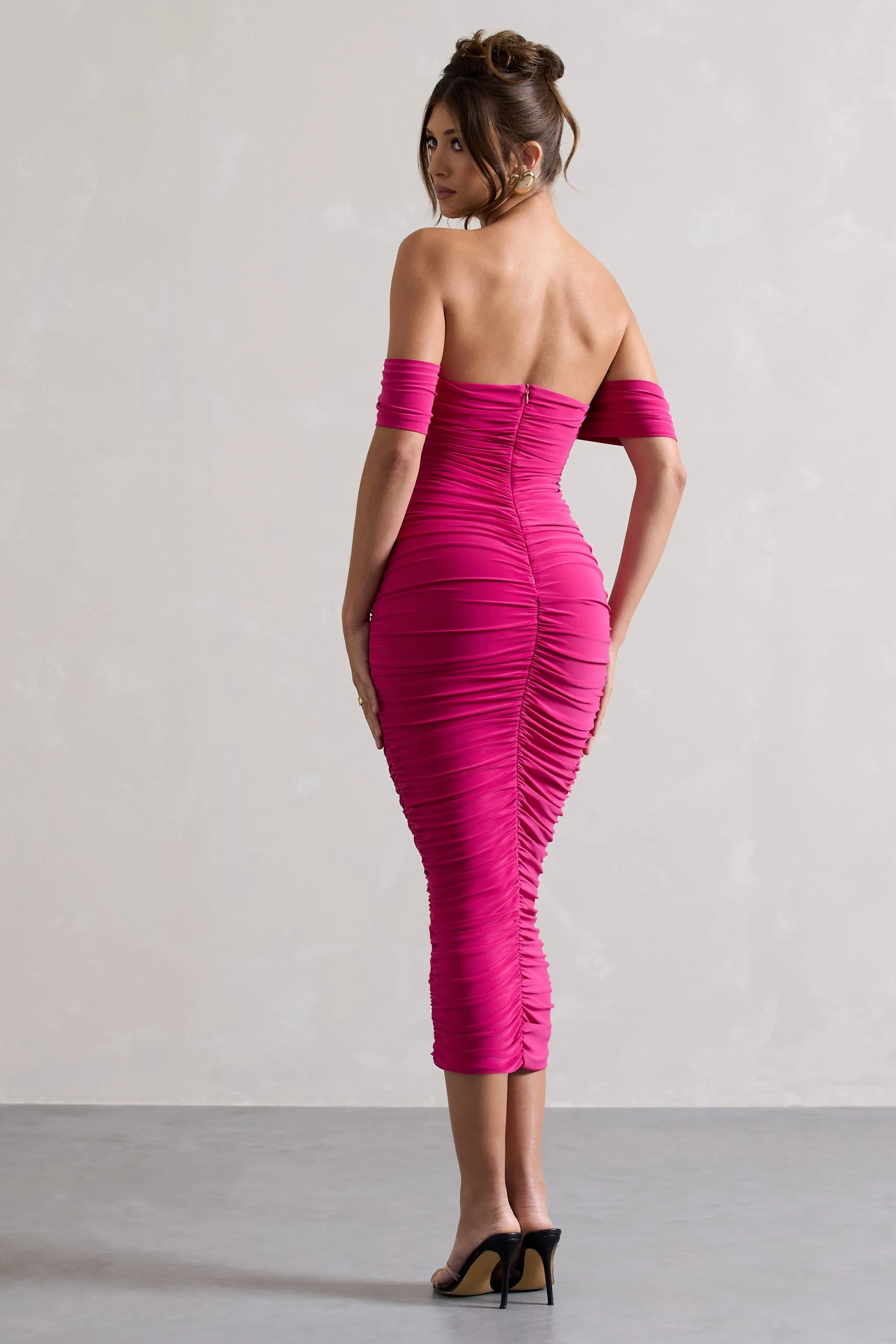 Lost For Words | Pink Bardot Ruched Draped Midi Dress