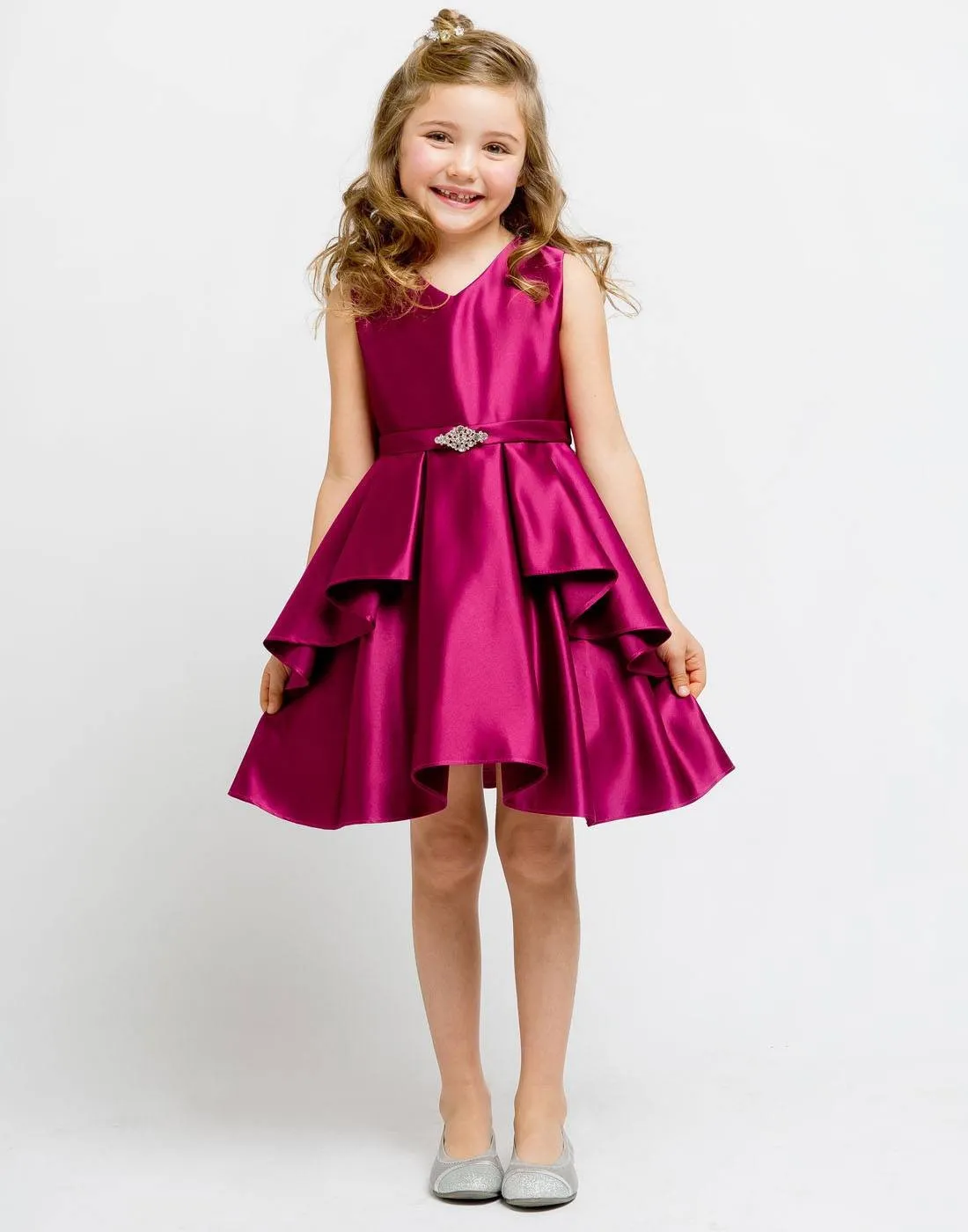 Lustrous Satin Layered Dress with a Rhinestone Brooch - Fuchsia