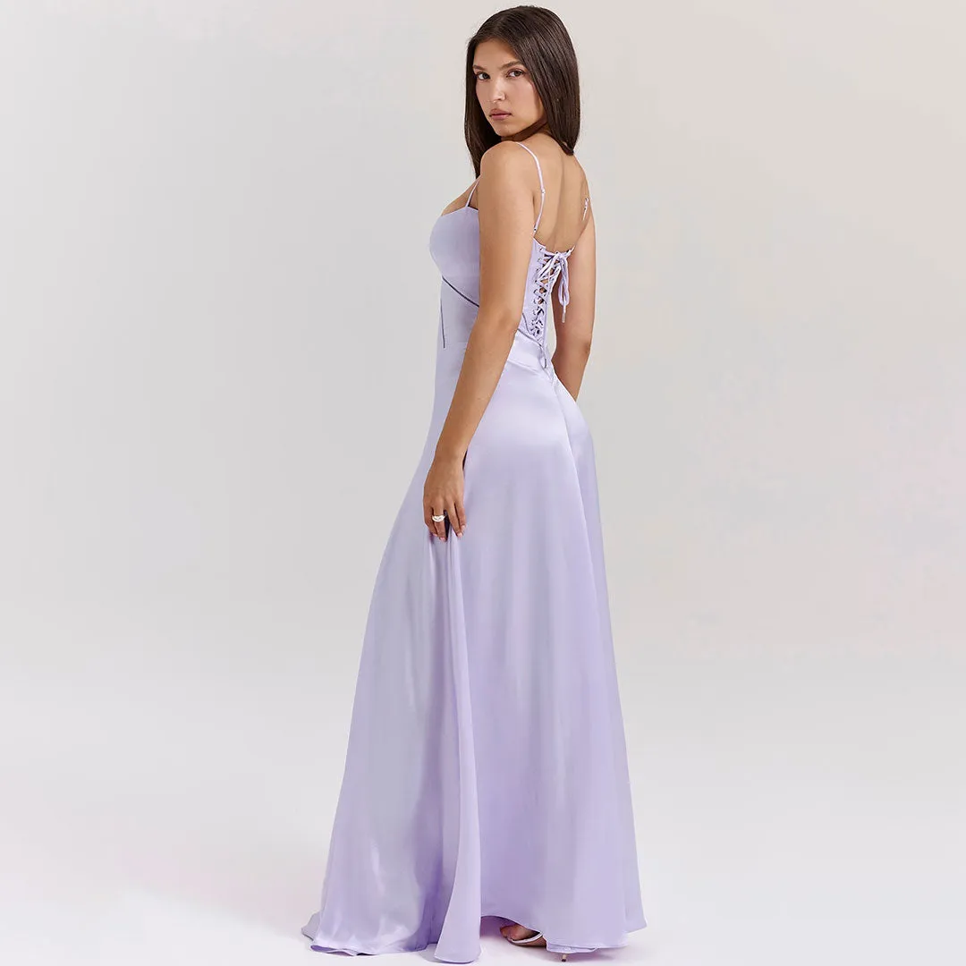 Luxury Scoop Neck Lace Up Back Drop Waist Satin Slip Maxi Formal Dress