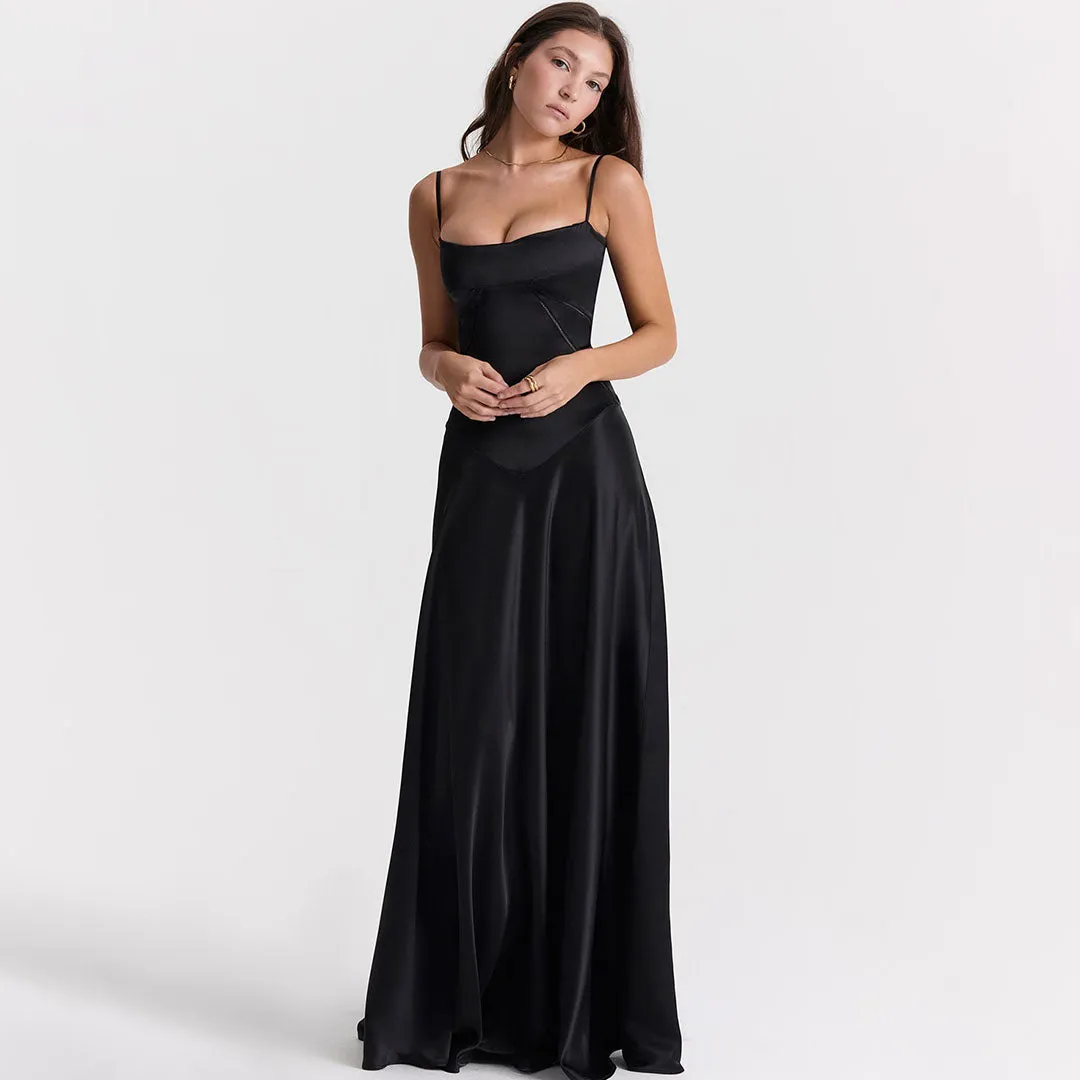 Luxury Scoop Neck Lace Up Back Drop Waist Satin Slip Maxi Formal Dress