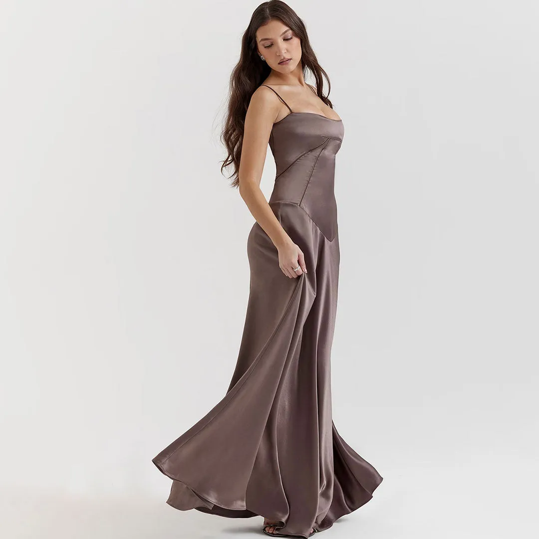 Luxury Scoop Neck Lace Up Back Drop Waist Satin Slip Maxi Formal Dress