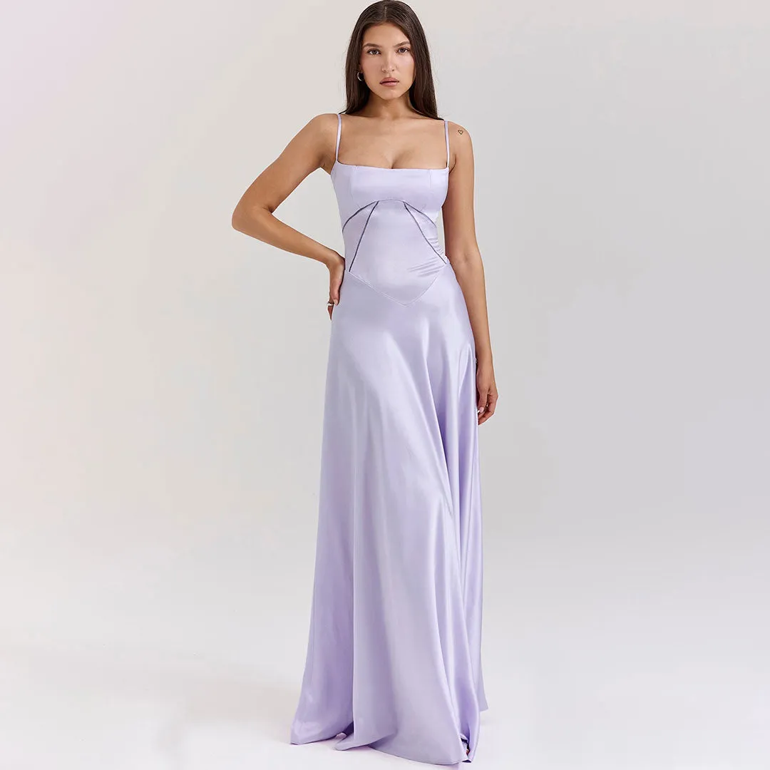 Luxury Scoop Neck Lace Up Back Drop Waist Satin Slip Maxi Formal Dress