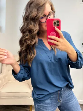 Marissa 3/4 Sleeve Split Neck Blouse - Insignia Blue (Ships in 1-2 Weeks)