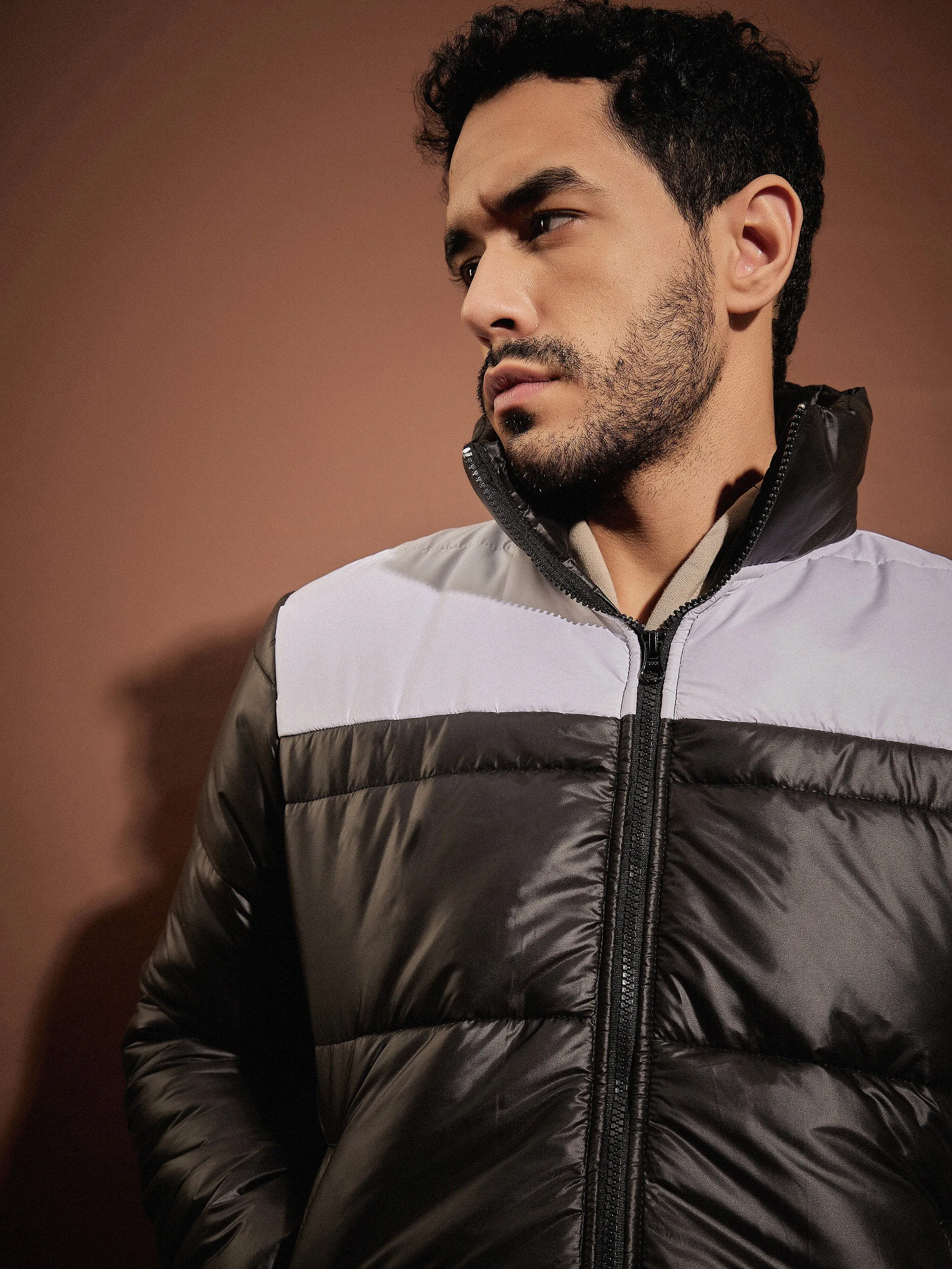 Men Black & White ColorBlock Puffer Jacket