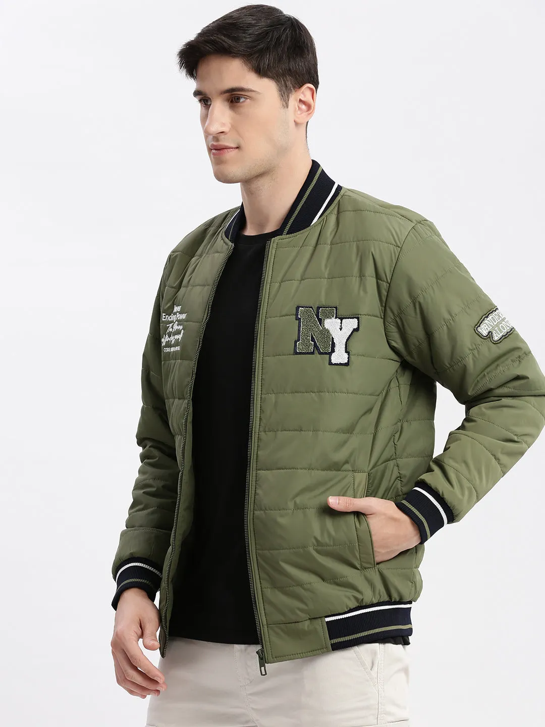 Men Typography Mandarin Collar Olive Puffer Jacket