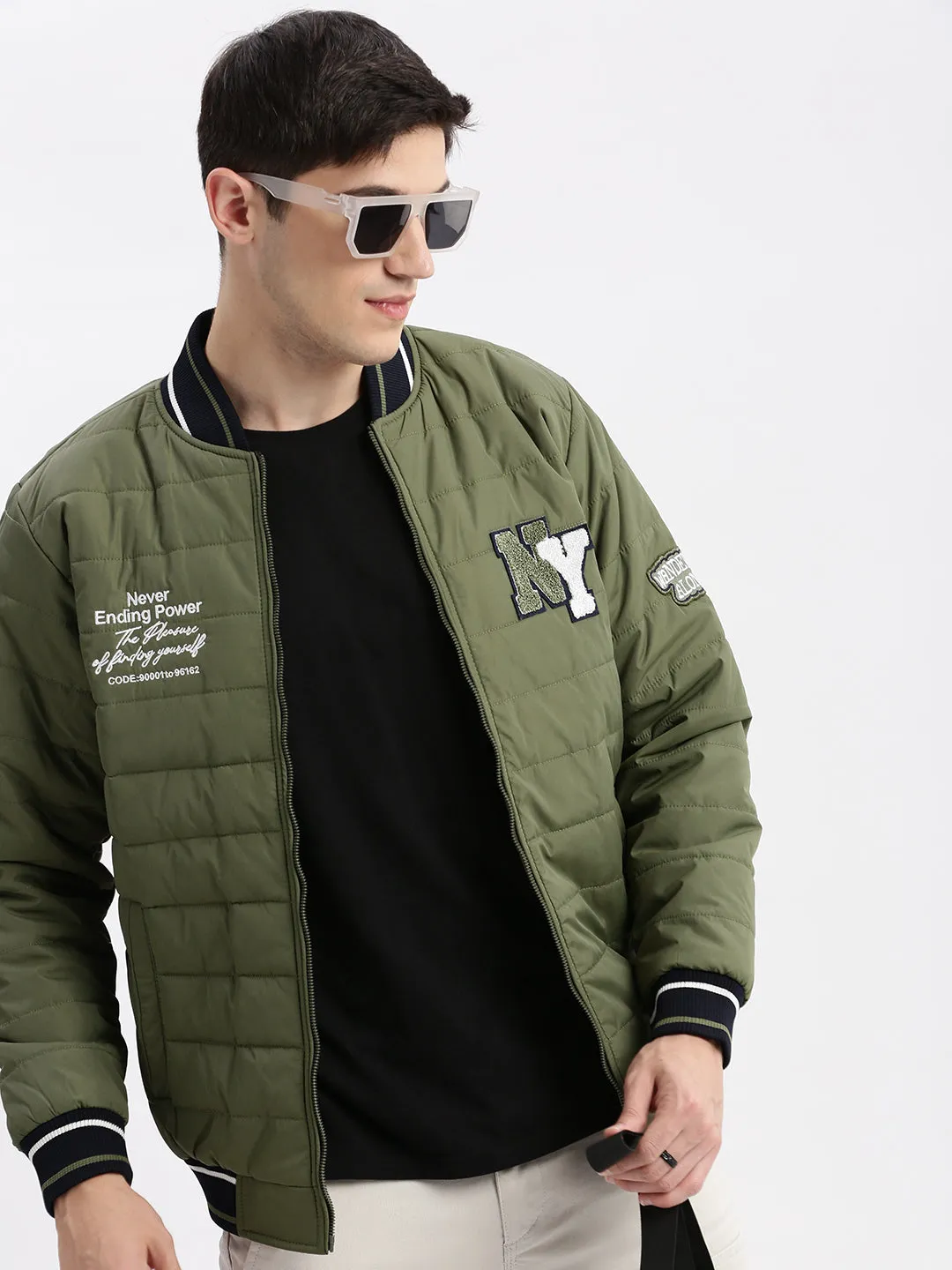 Men Typography Mandarin Collar Olive Puffer Jacket