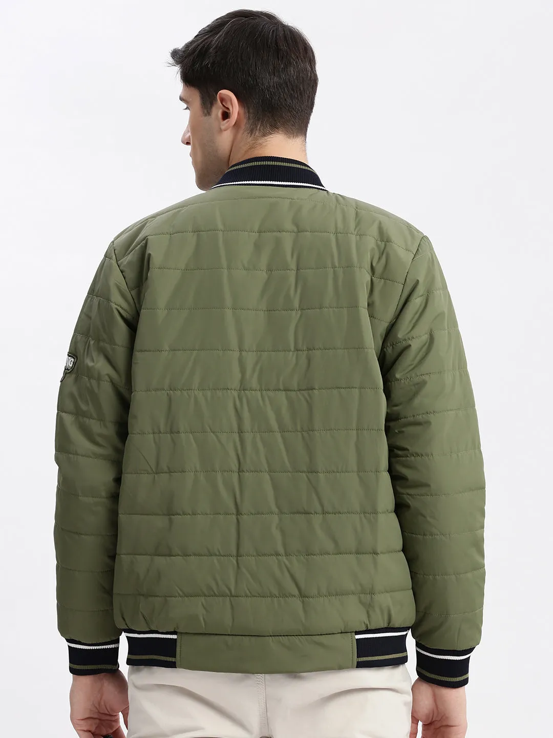 Men Typography Mandarin Collar Olive Puffer Jacket