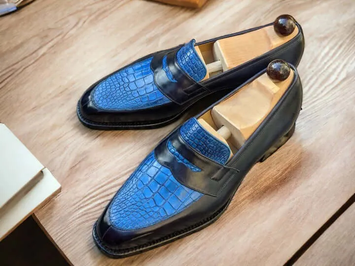 Men's Alligator Texture & Leather Shoes, Handmade Slip On Penny Loafer Formal Shoes