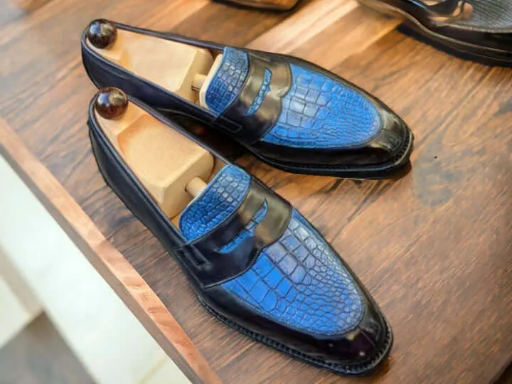 Men's Alligator Texture & Leather Shoes, Handmade Slip On Penny Loafer Formal Shoes