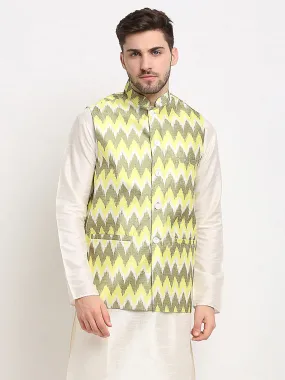 Men'S Olive Ikat Printed Nehru Jacket