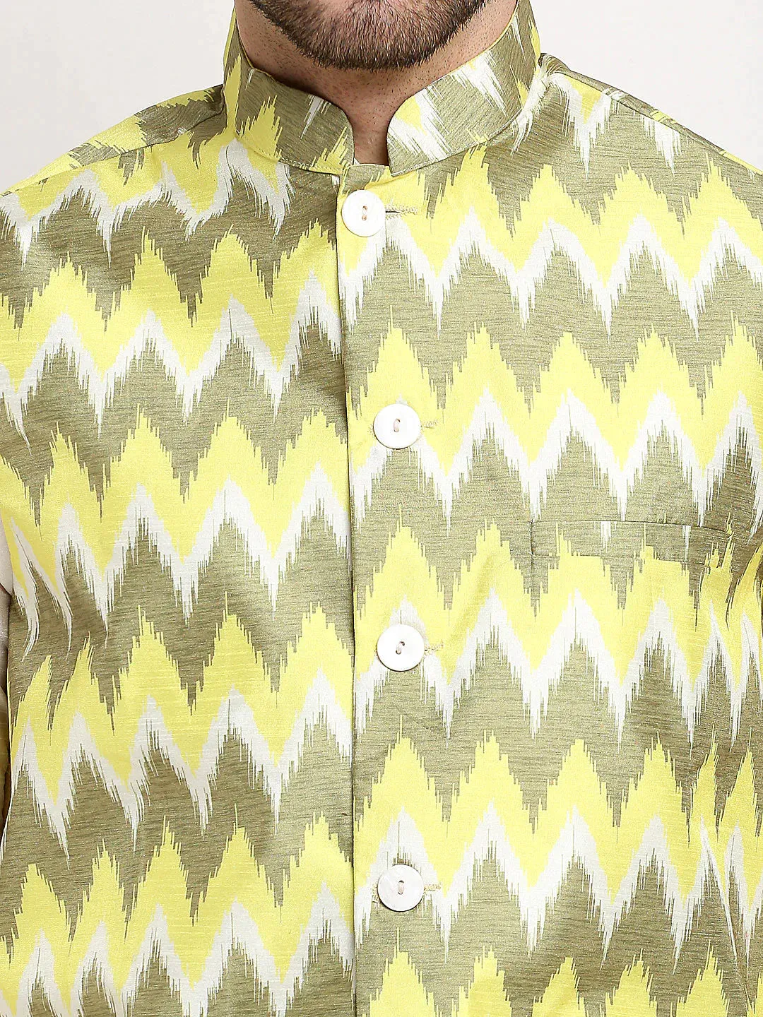 Men'S Olive Ikat Printed Nehru Jacket