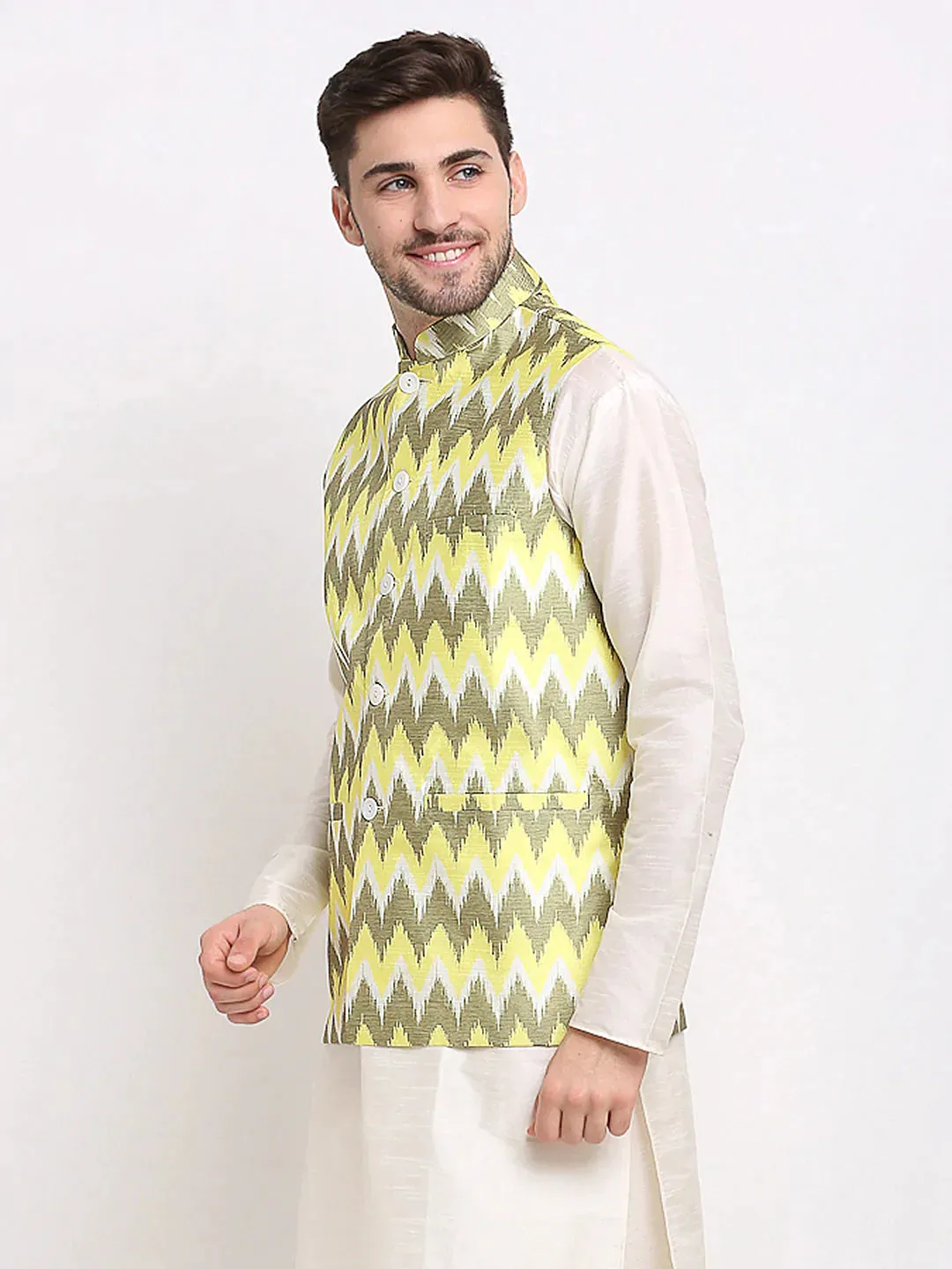 Men'S Olive Ikat Printed Nehru Jacket