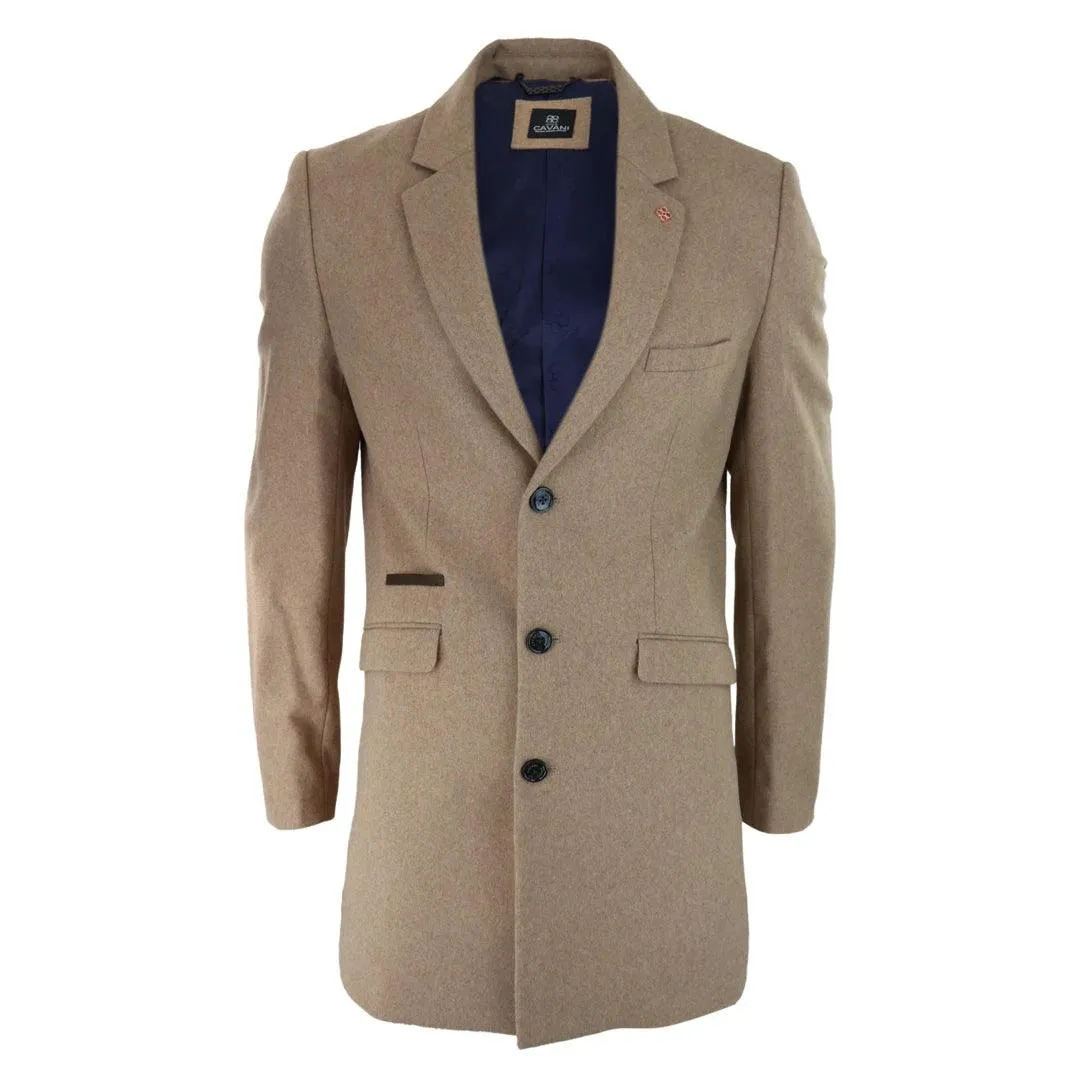 Mens Smart Casual 3/4 Wool Overcoat Jacket Herringbone Tweed 3 Button Coat