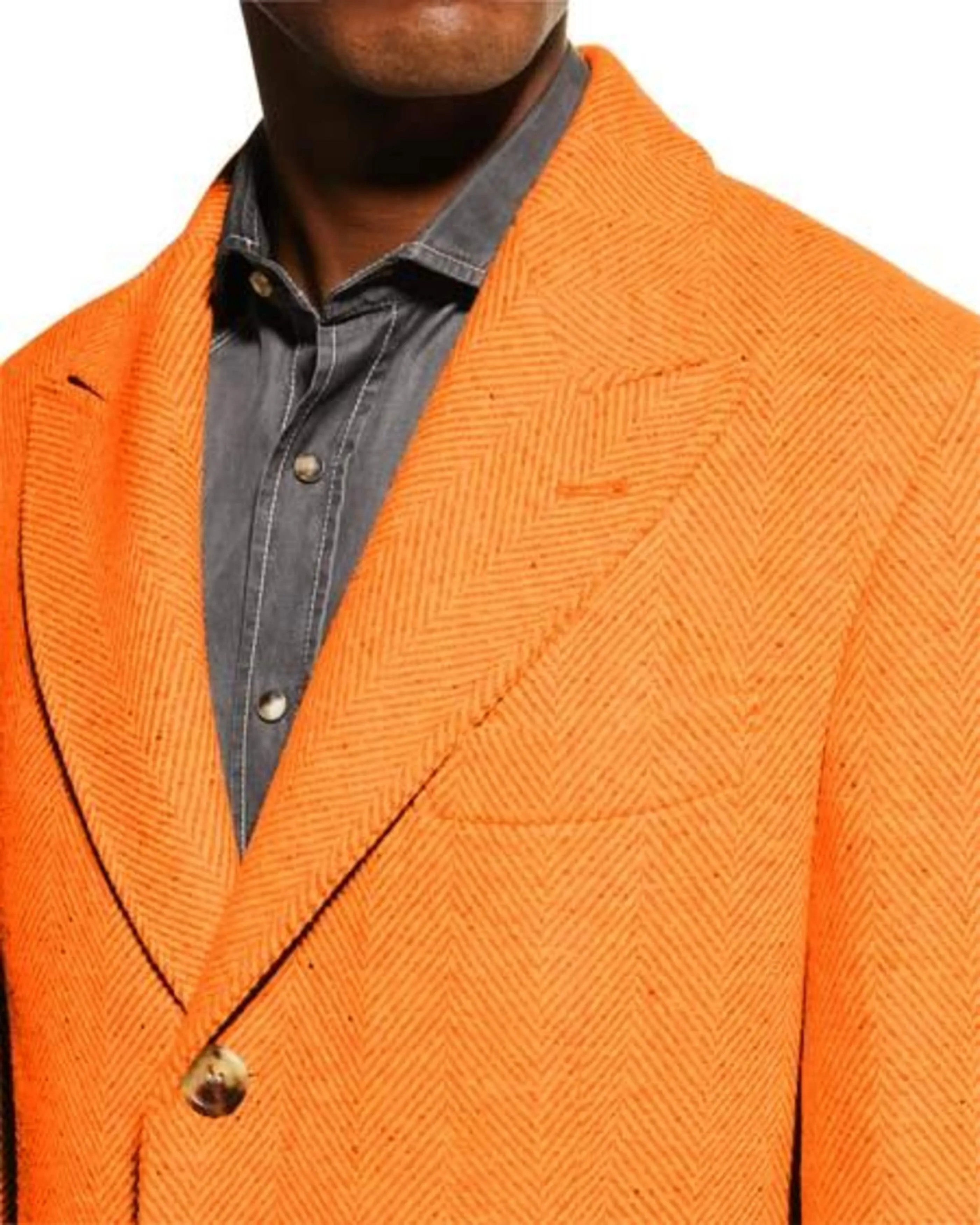 Mens Wool Carcoat - Hot Orange Three Quarter Peak Lapel Topcoat