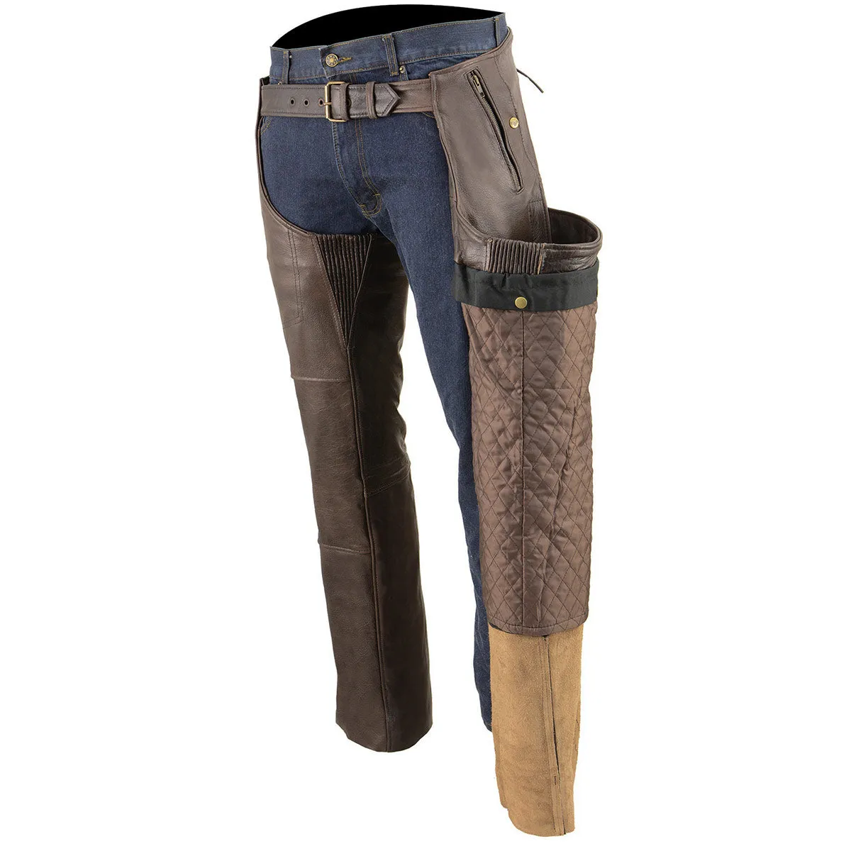 Milwaukee Leather Men's Retro Brown Premium Leather Motorcycle Rider Chaps w/ Snap Out Thermal Liner/ 4-Pockets-ML1191RT