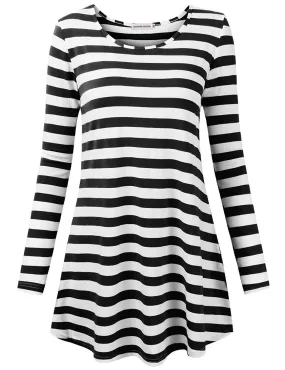 Moosungeek Womens Black Stripe Pattern Loose Tunic Top