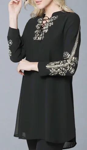 Nahid Embroidered Long Modest Tunic - Black