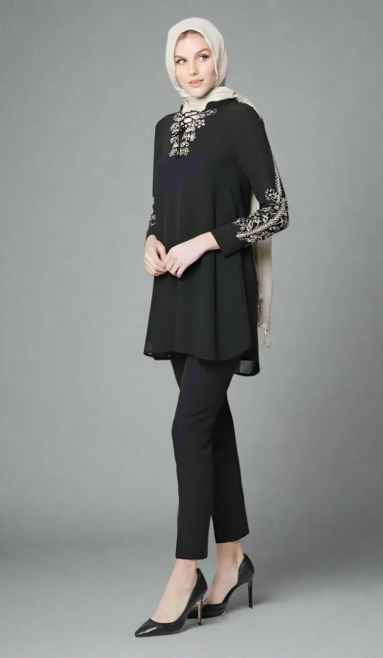 Nahid Embroidered Long Modest Tunic - Black