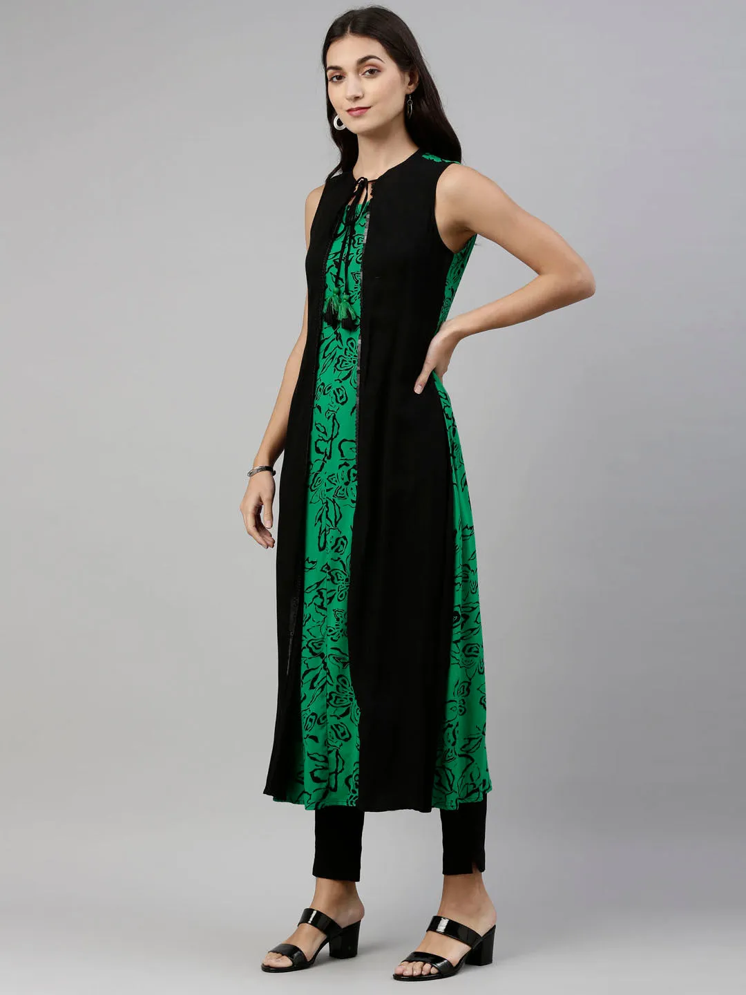 Neeru's Green Color Rayon Fabric Overcoat