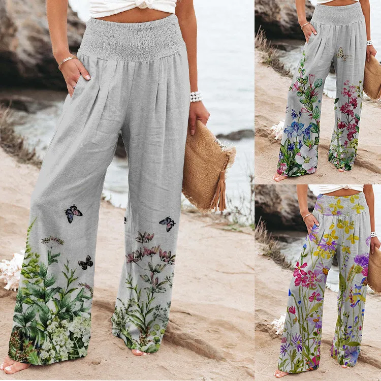 New Women's Elastic Printed High Waist Pocket Casual Wide Leg Pants