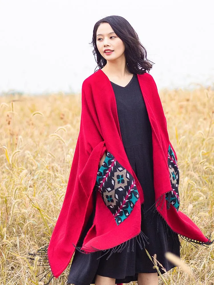 Open Fork Pockets Fethnic  Scarf Women with Spring and Autumn Outside with Air-conditioned Shawl Cloak