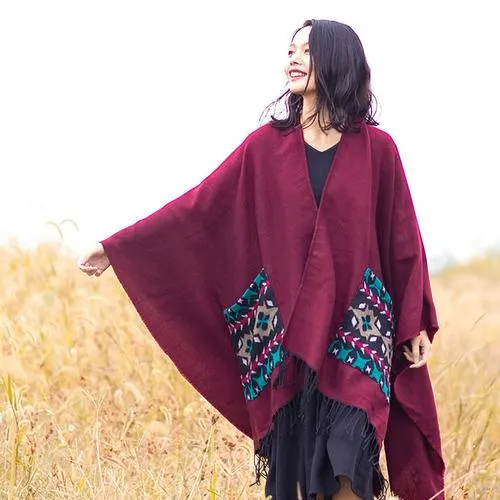 Open Fork Pockets Fethnic  Scarf Women with Spring and Autumn Outside with Air-conditioned Shawl Cloak